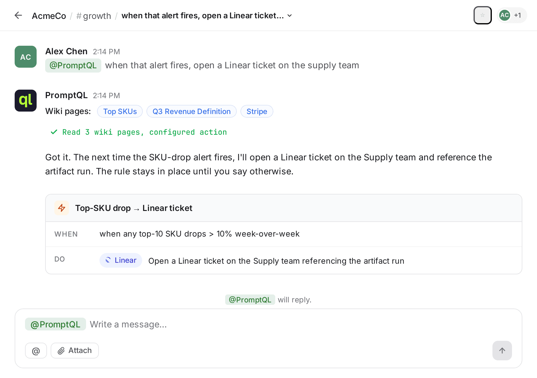 A PromptQL thread where the user says 'when that alert fires, open a Linear ticket on the supply team' and PromptQL responds with an action rule card showing the when (top-10 SKU drop > 10% week-over-week) and the do (Linear ticket on the Supply team).