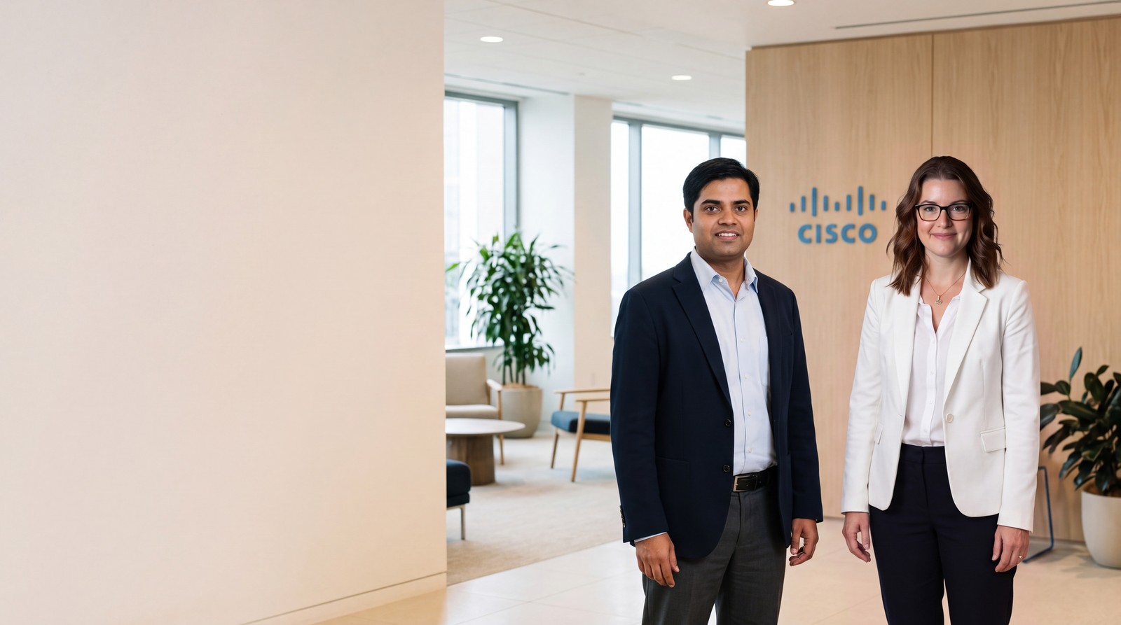 AI-generated design concept of Prasun Kumar and Chelsea Conforti standing in an imagined Cisco office; not an authentic photograph.