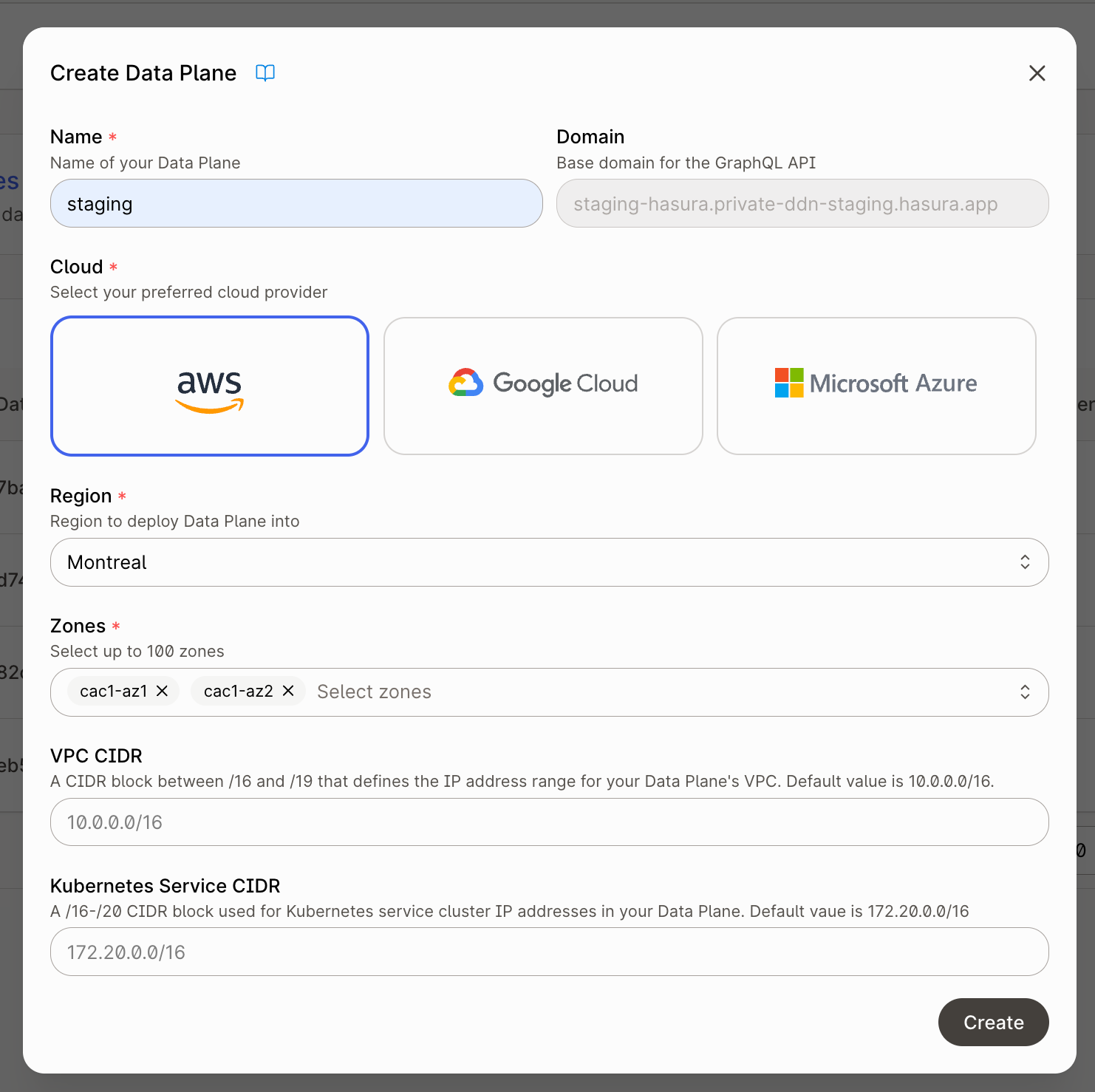 Data Plane Creation Form