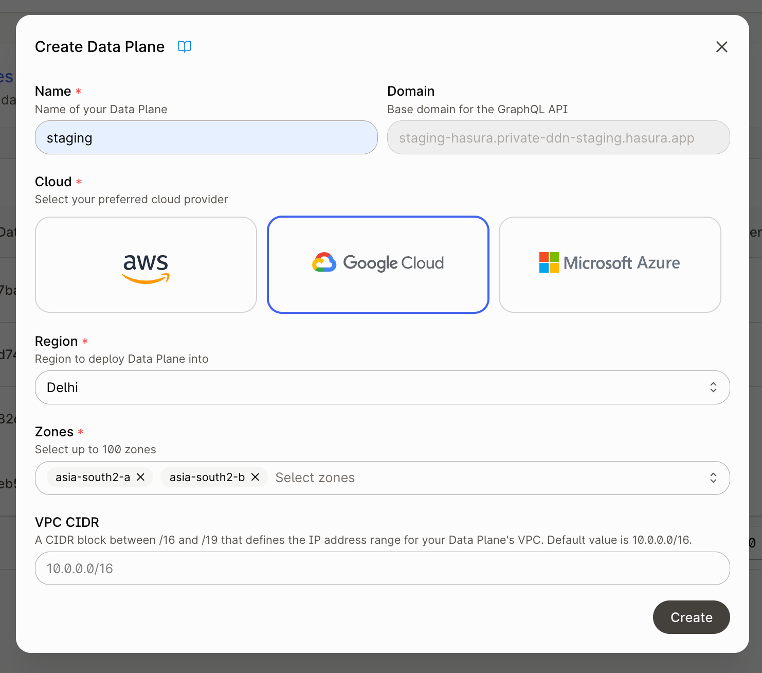 Data Plane Creation Form