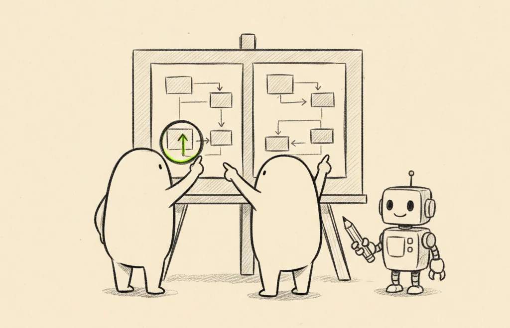 Two people at a whiteboard comparing two architecture diagrams, one circling a component, while a small robot holds a pencil